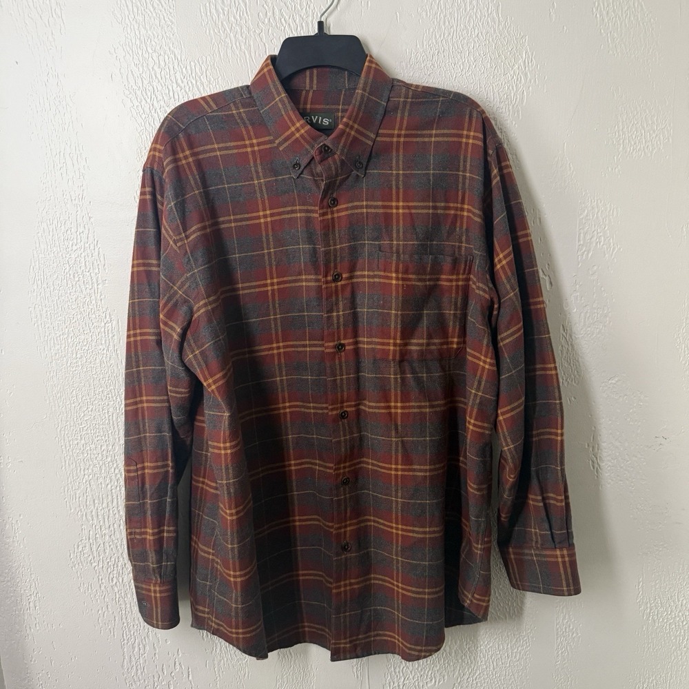 Orvis Plaid Button Down Shirt Men's Size L  Burgundy Gray